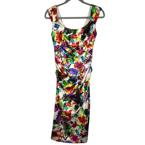 Maggy London Floral Print Square Neck Sleeveless Midi Dress Size 6 Ruched Bodice - Picture 1 of 11